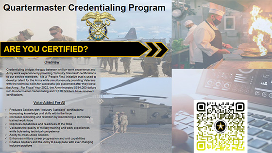 QM Credentialing Program flyer with a collage of QM MOSs and a QR code to the Army Cool website.