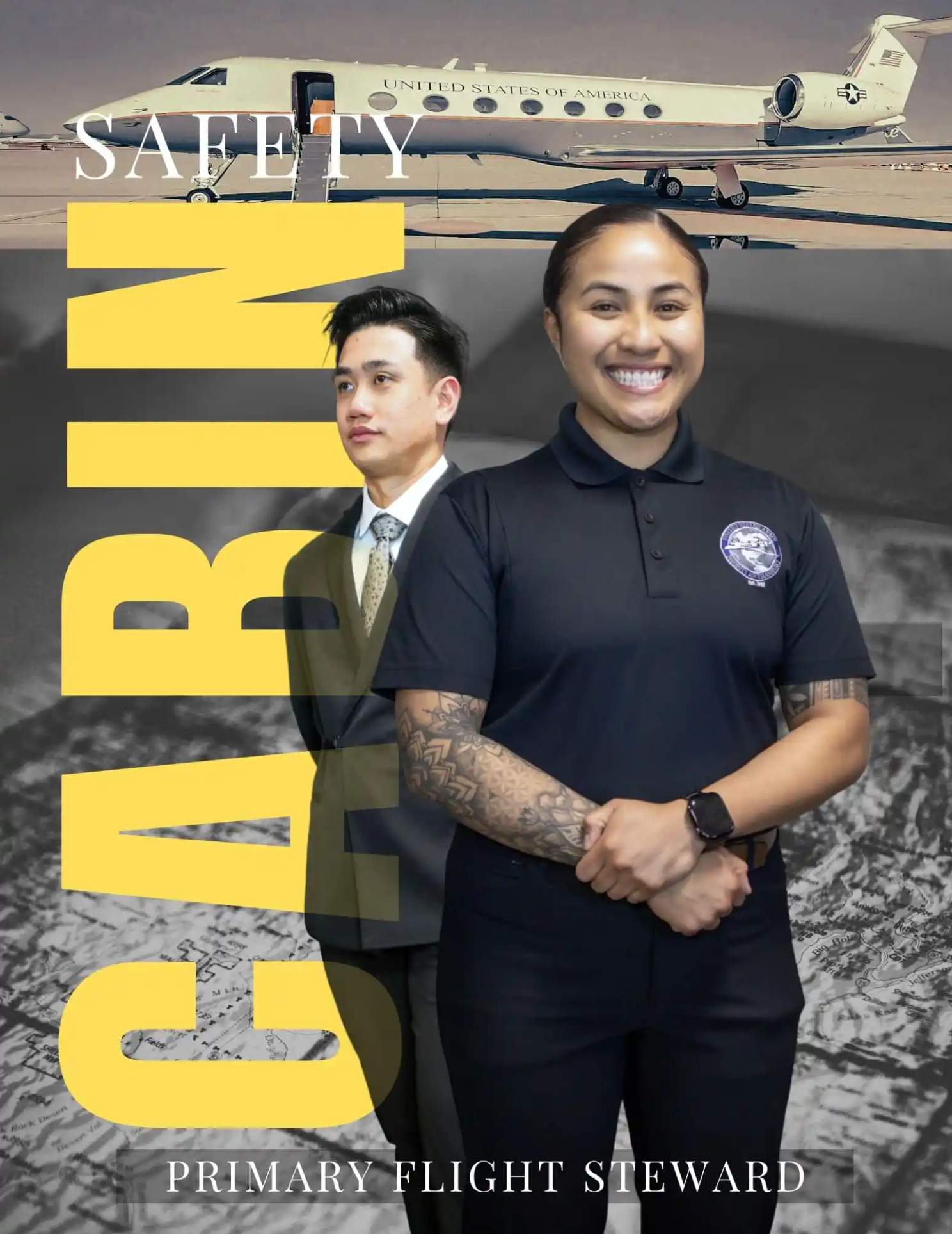 Graphic ad for Primary Flight Steward, showing a male and female steward.