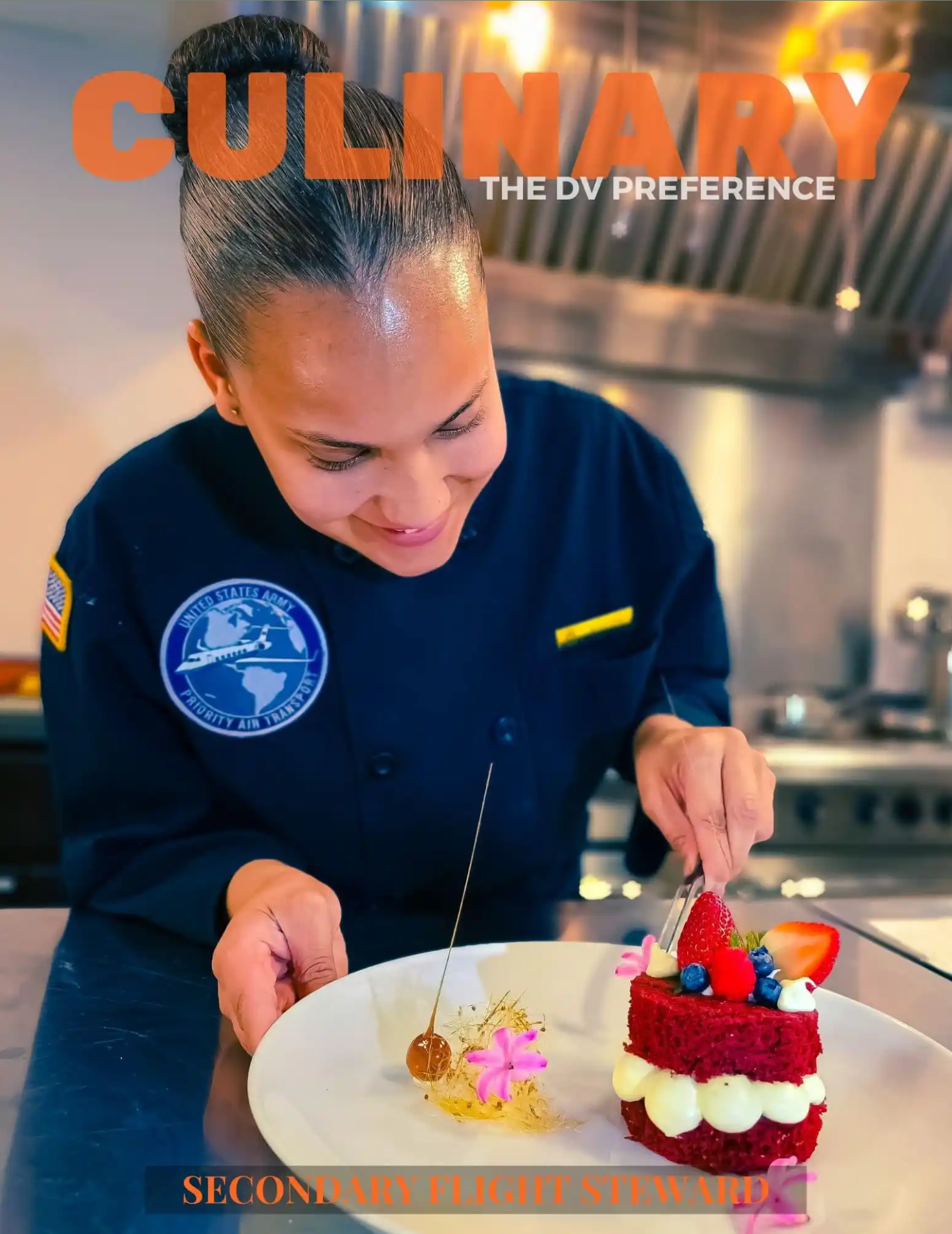 Graphic ad for Secondary Flight Steward, showing a female steward plating desert.