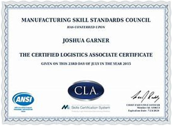 Certificate for Certified Logistics Associate awarded by the Manufacturing Skill Standards Council.