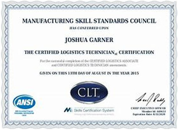 Certificate for Certified Logistics Technician awarded by the Manufacturing Skill Standards Council.